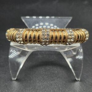 VTG Ciner Ribbed Bangle Bracelet Gold Tone Rhinestones Hinged- 6.5 in. Signed